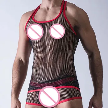 

Sexy Men Tank Tops Transparent Mesh Sleepwear See Through Nightwear Sleeveless Tops Tees Sexy Underwear Male Black White Vest
