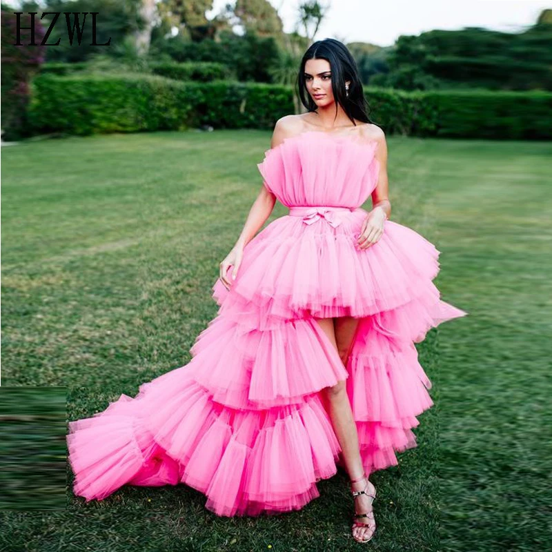 Strapless Pink Puffy Ball Gown Prom Dresss vestidos Hi-Lo Ruffles Evening Dress for Women's Party 2020 robes de cocktail dark green prom dress
