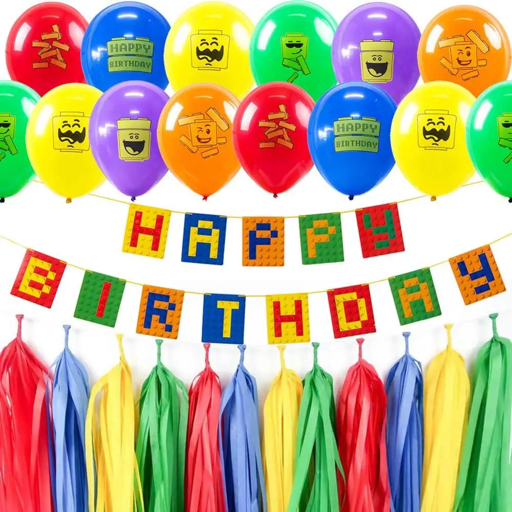 Кирпичная тематическая вечеринка набор цветные латексные шары с днем рождения баннер торт Топпер строительный блок дети Кирпичи и блоки украшения