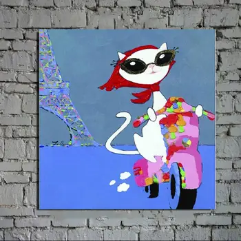

Hand Painted A Cute Cat In Paris Oil Painting Abstract Animal Canvas Painting No Frames Living Room Home Decor