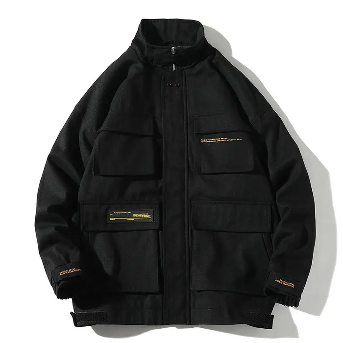 Осенняя Рабочая куртка Мужская Уличная однотонная Куртка хип-хоп пальто с длинными рукавами карманная ветровка мужская куртка-бомбер - Цвет: Черный
