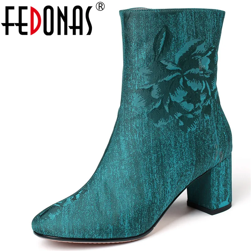 FEDONAS Vintage Prints Silk Women Ankle Boots Elegant Female Short Chelsea Boots Party Prom Shoes Woman Big Size Square Heels