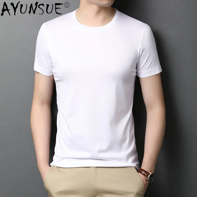 

AYUNSUE Summer Silk T Shirt for Men Clothes 2021 Man's T-shirts Tops Short Sleeve Bottoming Tshirt Fashion Teeshirt Homme KJ7078