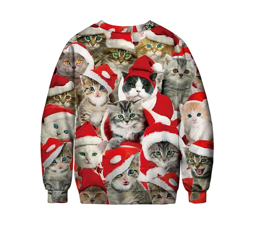 Xiaomi 3D Sweater Round Neck Long Sleeve Christmas Cat Dog Santa Print Comfortable Sweatshirt Clothing Casual for Men and Women - Цвет: Cat XL