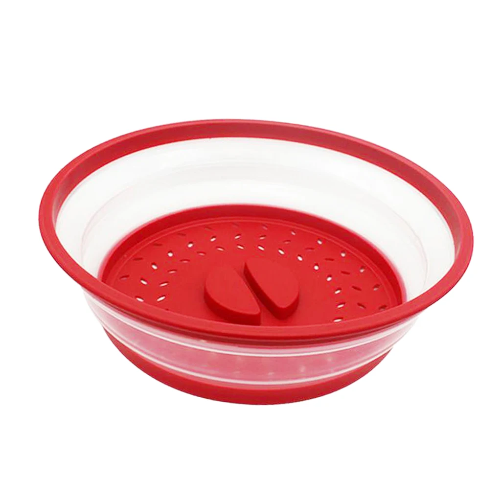 Yellow/Blue/Red 2 In 1 Collapsible Plastic Microwave Cover Foldable Nonslip Food Dish Bowl Lid Colander Strainer