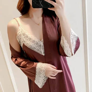 

Summer New Solid Lace Women 2PCS Satin Home Dress Trim Sleepwear Sleep Robe Set Sexy Cami+Robe Nightgown Lounge Nightdress