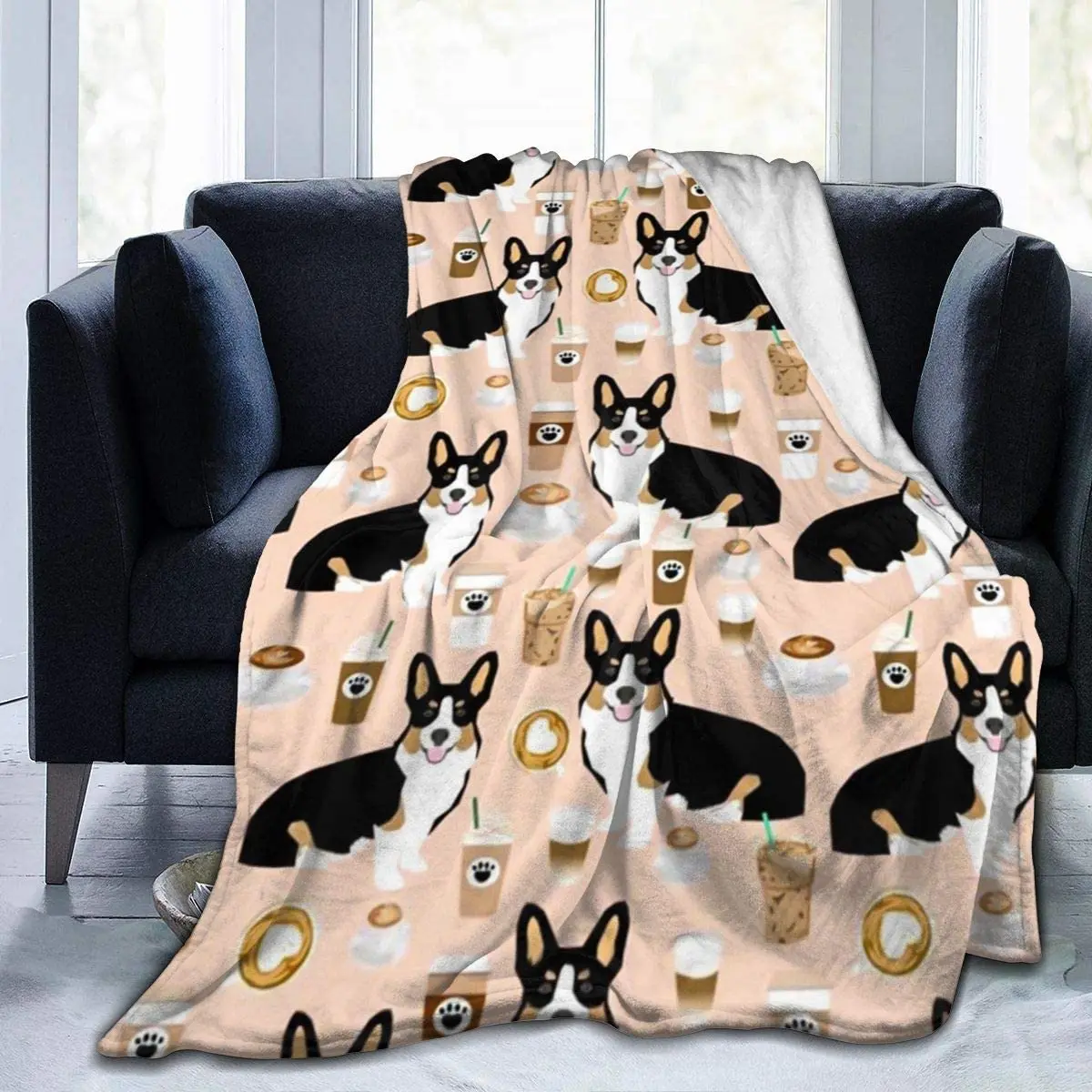 Бархатное трехцветное одеяло Corgi для влюбленных кофейных собак бархатное