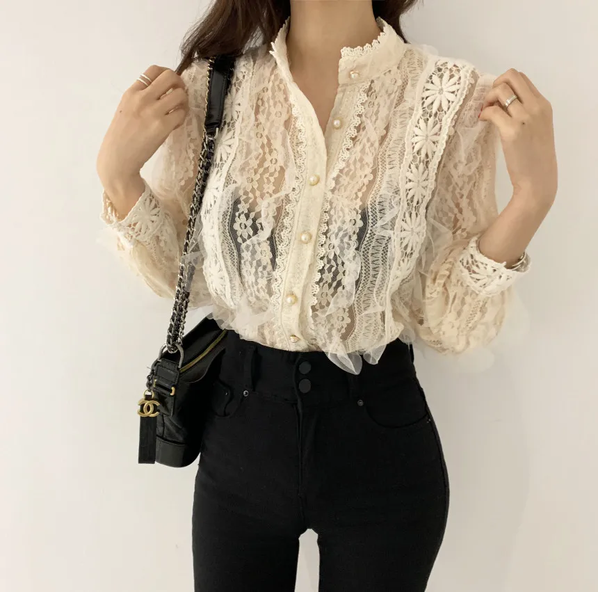  Alien Kitty New Arrival Ladies Lace Shirt Hook Flower Long Sleeve Loose Stand Collar Blouse Shirts 