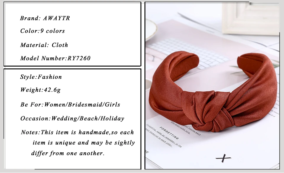 AWAYTR Fashion Satin Girls Hair Accessories For Women Solid Color Knotted Headband Wide Bezel Hairband Girls Hair Hoop Haarband