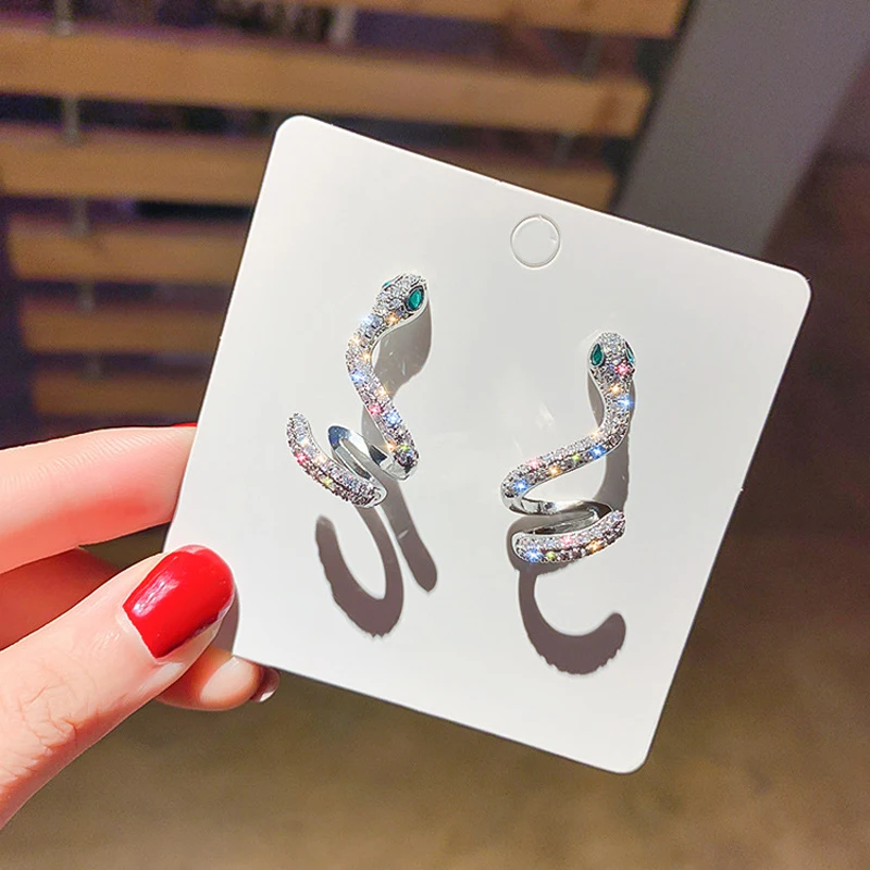 

2020 Trend Statement Micro Pave Zircon Stud Earrings For Women Personality Chic Snake Shinning Rhinestone Earrings Ear Cuff 107