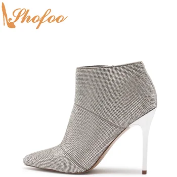 

Rhinestone Woman Ankle Boots High Thin Heels Pointed Toe Booties Zipper Big Size 13 16 Ladies Fashion Crystal Party Shoes Shofoo