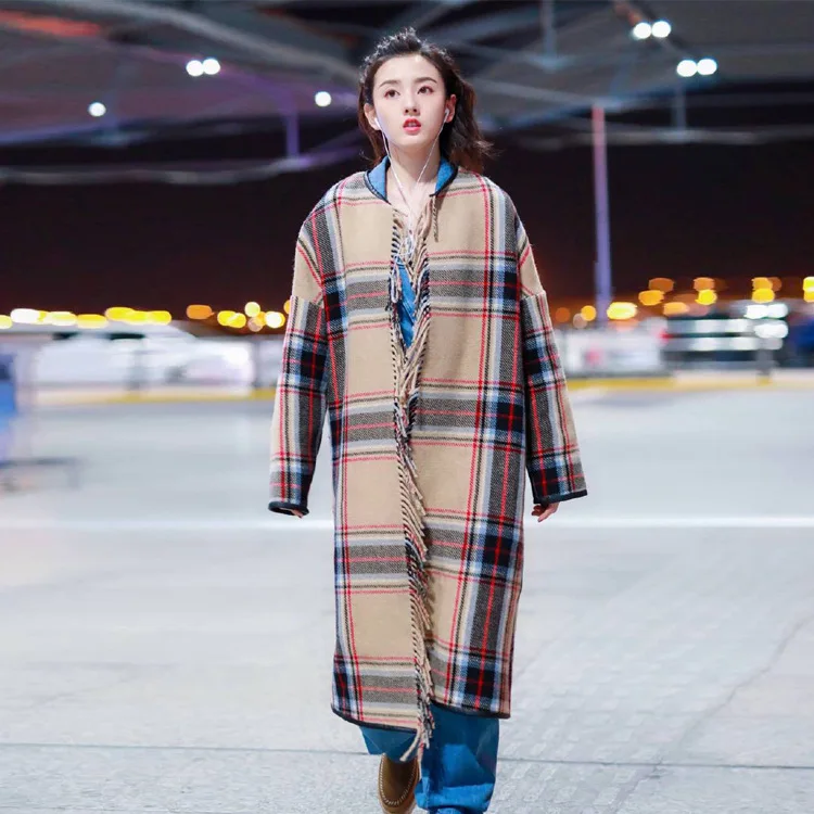 

19 Years Winter Star Song Joey Celebrity Style Europe And America Plaid Tassels Mid-length Coat Women's