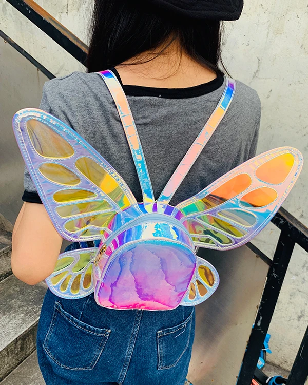 Fashion Women's Laser Holographic Leather Mini Backpack Butterfly Angel Wings Daypack for Girls Travel Casual Daypack School Bag