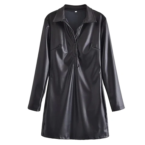 Solid Color Pu Faux Leather Mini Dresses Turn Down Collar Long Sleeve Shirts Dresses Lady Chic Casual Black Dress