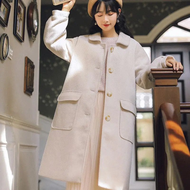 New Winter Women Wool Blends Coat Solid Full Sleeve Turn-down Collar Coats Outerwear Apricot 8856