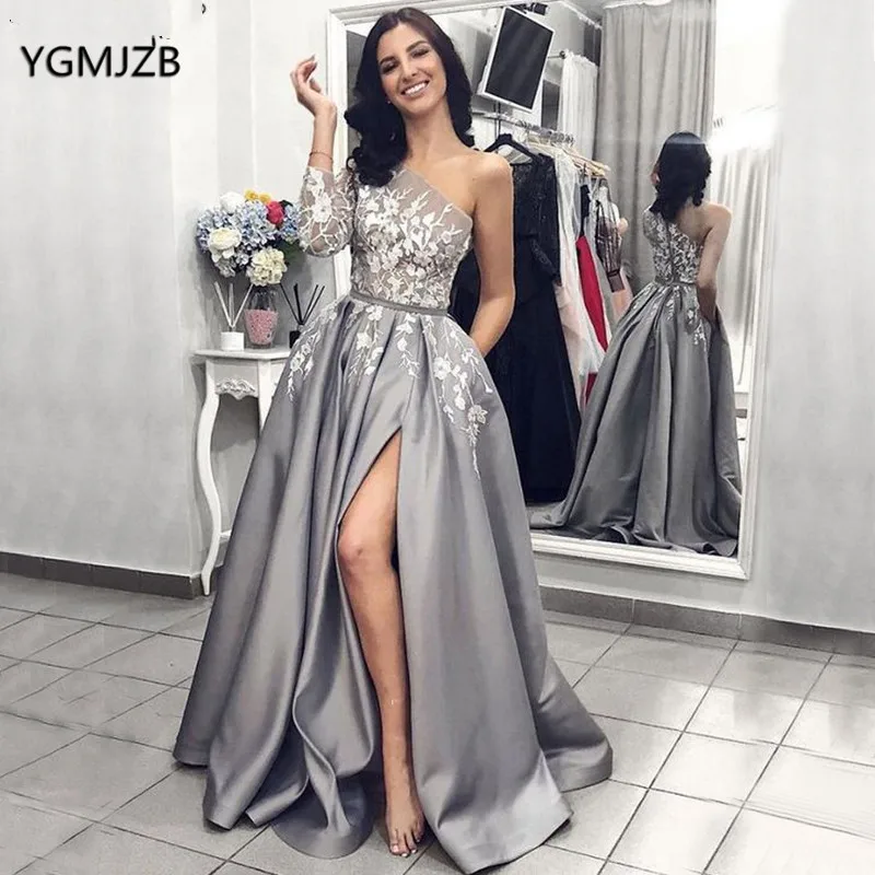 

Grey Satin Evening Dresses One Shoulder Lace Long Sleeves Sexy Split Formal Dress Prom Dress Robe De Soiree
