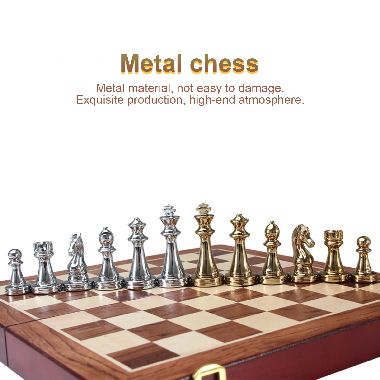 Metal Glossy Golden & Silver Bronze Chess Pieces Solid Wooden Folding Chess Board High Quality Professional Chess Games Set 4