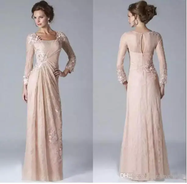 Vierkante Hals Lange Mouwen Lace Applique Avondjurken 2018 Bruiloft Gast Jurken Bescheiden Champagne Moeder Van De Bruid Jurken Vierkante Hals Lange Mouwen Lace Applique Avondjurken 2018 Bruiloft Gast Jurken Bescheiden Champagne Moeder Van De Bruid Jurken