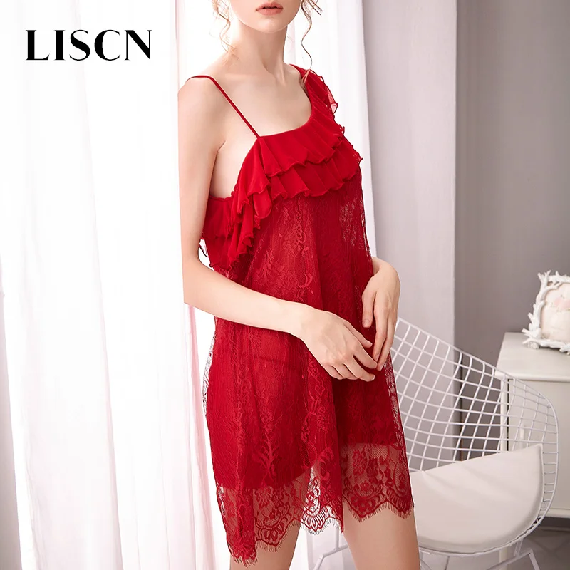Red LISCN, романтическая сексуальная ночная рубашка, женское белье, тонкая марлевая кружевная Соблазнительная сетчатая Ночная рубашка на одно плечо, женская ночная сорочка - Цвет: Red