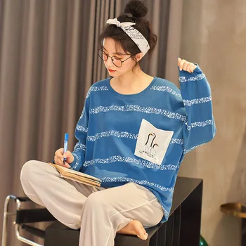 

Women's Pajamas Set Cartoon Striped Pajamas Spring/autumn Loose Casual Home Wear Two-piece Suit