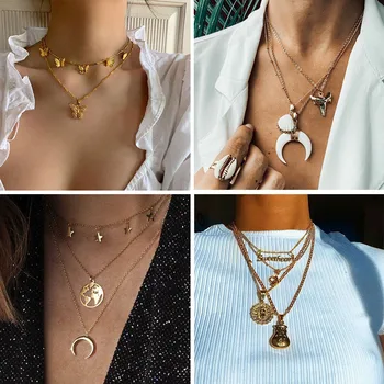 

SOHOT 2020 BOHO Wholesale Multilayer Pendant Women Choker Necklaces Chic Gemetric Moon Horn Shell Flowers Star Female Jewelry