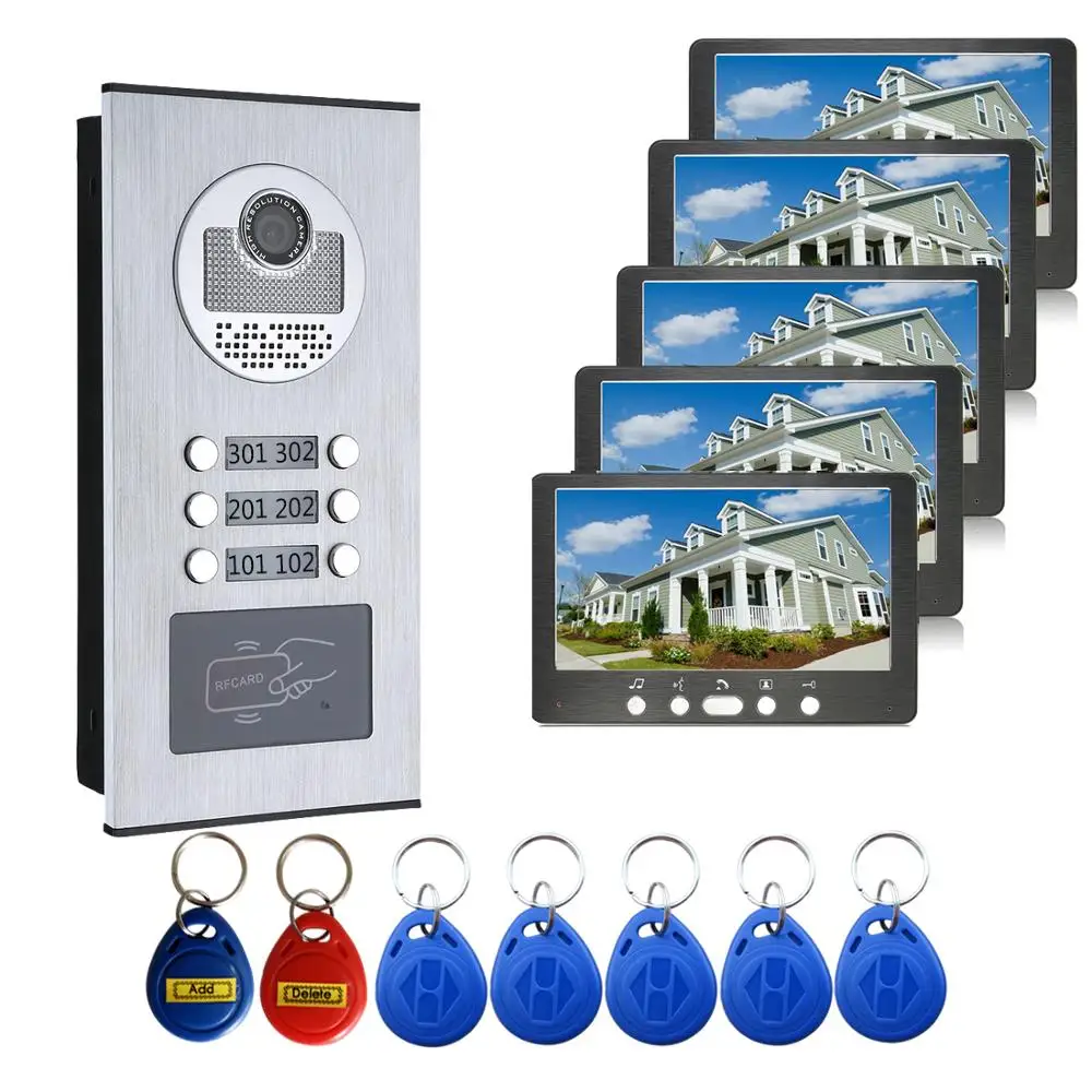 

RFID Access Release Unlock Intercom 7 Inch Monitor Video Door Phone Intercom Waterproof Doorbell Camera System For 5 Apartment
