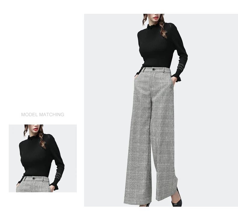 Осенние новые Pantalon женские серые клетчатые брюки с высокой талией Прямые длинные широкие брюки свободные большие размеры офисные женские брюки