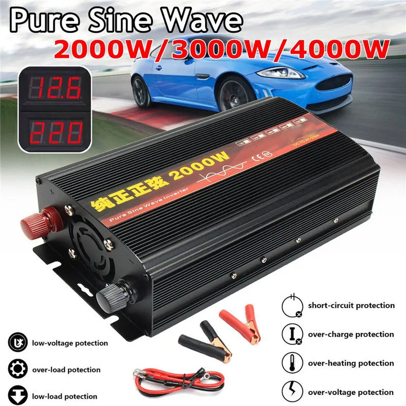 Инвертор 12 V/24 V 220V 2000/3000/4000W Напряжение трансформатор с немодулированным синусоидальным сигналом Мощность инвертор DC12V к переменному току 220V преобразователь+ 2 светодиодный Дисплей