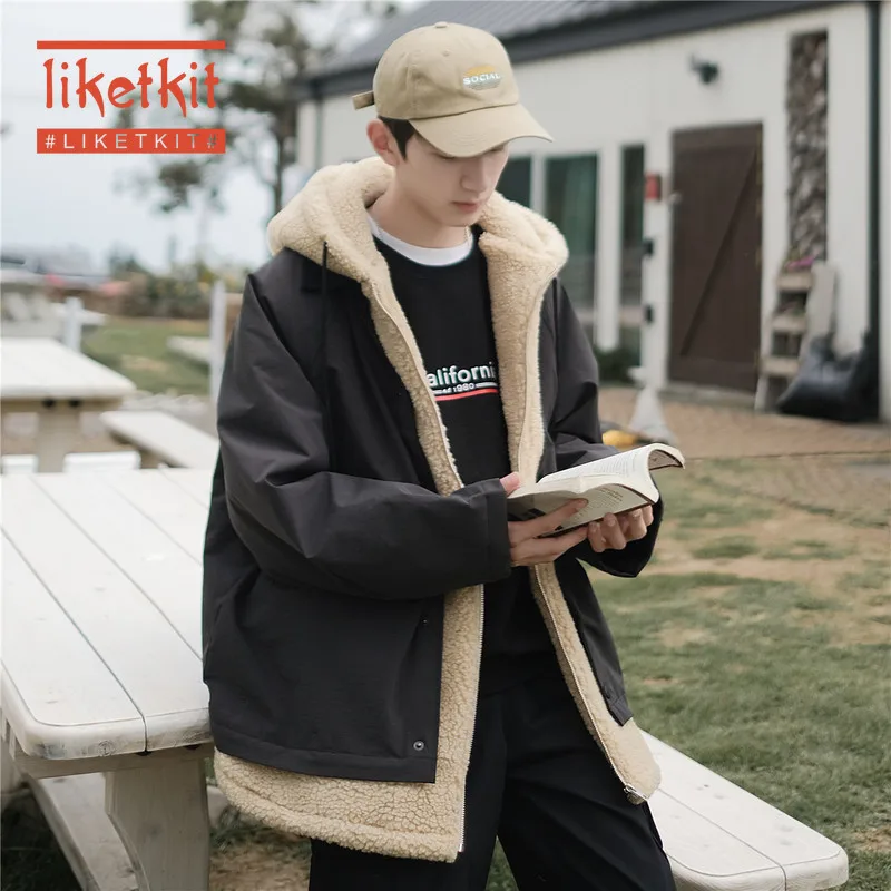 Liketkit, мужские зимние куртки,, мужские одноцветные парки из двух частей, толстые парки из овечьей шерсти, Мужская корейская мода, уличная одежда, пальто с капюшоном