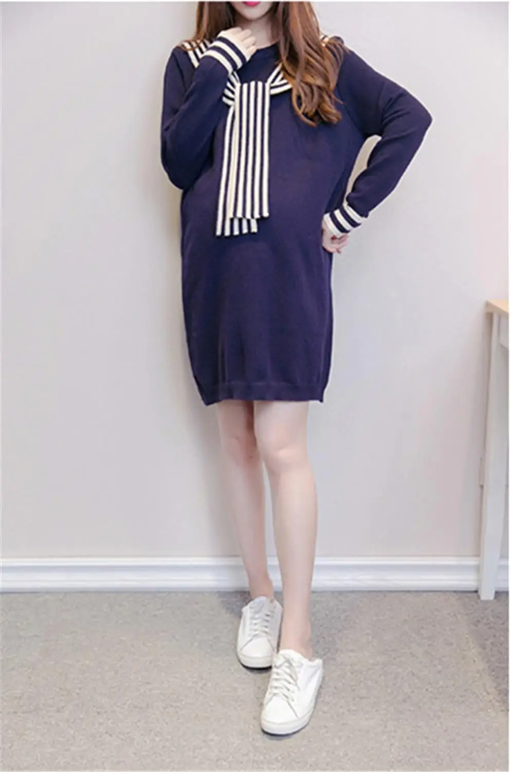 Pregnant autumn fashion long coat loose stitching color bottoming shirt knit dress comfortable soft pregnant long sweater - Цвет: Синий
