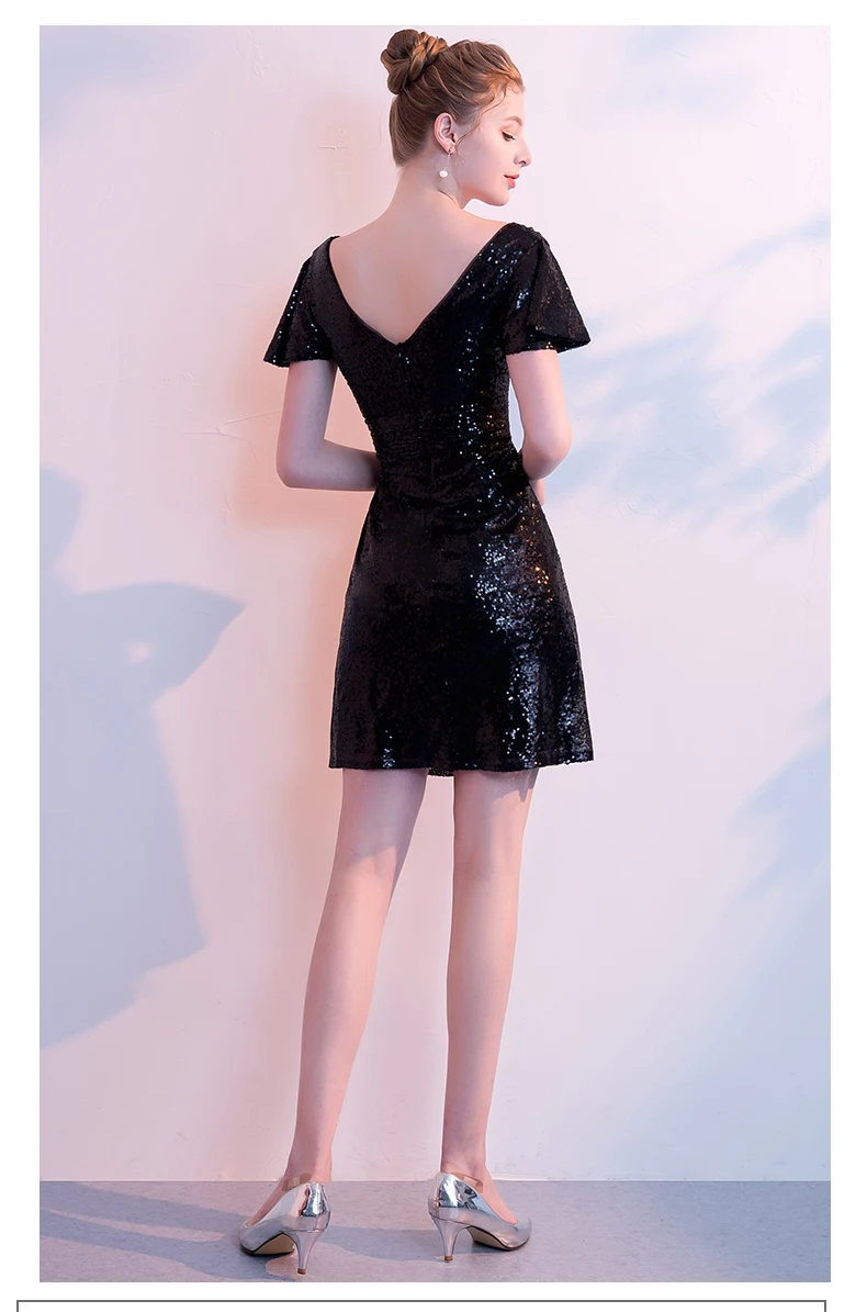 Solovedress Короткие рукава с гофрированными манжетами вечернее платье латинский танец линия Блестящий блесток формальное платье с v-образным вырезом сзади с застежкой-молнией E82