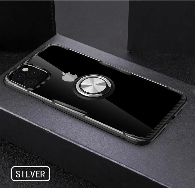 Прозрачный чехол для iPhone 11 Pro XS Max XR XS X 7 8 6 6S Plus iPhone11Pro 11Pro Ring Stand прозрачный противоударный чехол для iPhone - Цвет: Silver