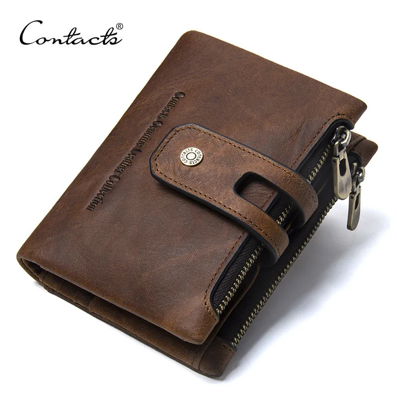 

Contact's Wallet Crazy Horse Genuine Leather Double Zipper Hasp Wallets Short Coin Purse Men Card Holders Male Portomonee Walet
