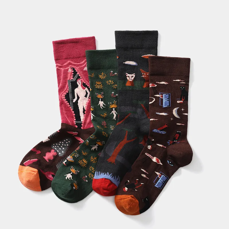 Novelty Creative Jacquard Cozy Combed Cotton Socks Women Men Funny Happy Streetwear Sports Casual Colorful Abstract Art Socks high quality combed cotton ab socks food patterns long tube funny happy man socks novelty skateboard crew casual fun socks