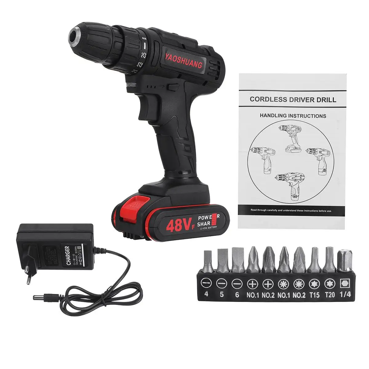 

Electric Drill /Impact Drill 48V Cordless Combi Drill 2 Speed Rechargeable Functional Driver Battery Drill with 10Pcs Drill Bits