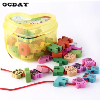 

60pcs/lot Baby Wooden Lacing Beads Animals Blocks Heart-shape Stringing Threading Lace Beads Box Educational Preschool Learn Toy