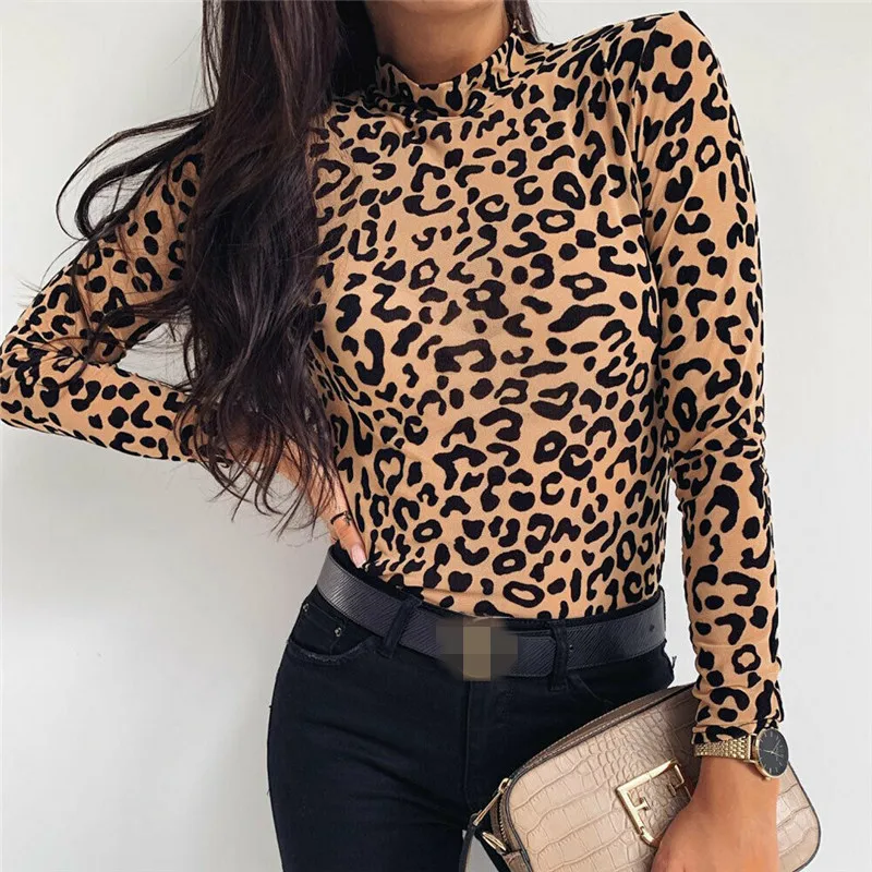 plus size blouses Women Blouses Fashion Leopard Print Turtle Neck Blouse Autumn Long Sleeve Shirts Party Ladies Clothes Womens Blouses And Tops satin blouse