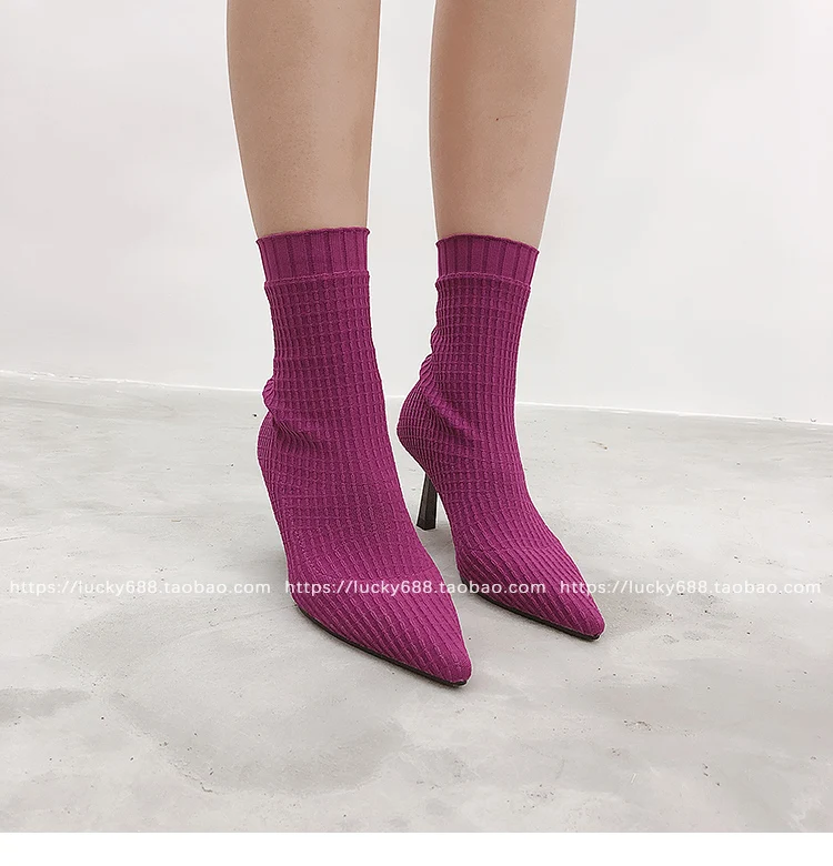 Носки Botines mujer г. Эластичные шерстяные вязаные сапоги на среднем каблуке женские зимние ботинки челси на шпильке фиолетовые ботинки