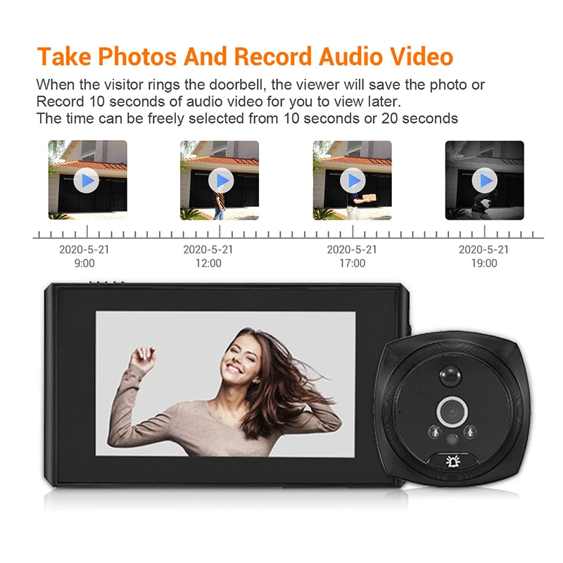 1080P 4X Digital Zoom 4.3 Inch LCD Color Screen 160° Degree Wide Angle PIR Electronic Peephole Door Bell Camera Battery Powered doorbell intercom system