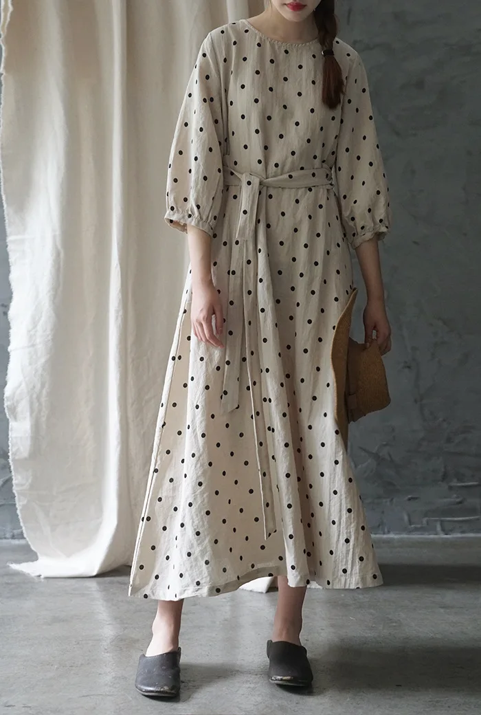 Casual New Summer Dress Three Quarter Sleeve Mid-calf Length Loose Sashes O-neck Dot Vintage Linen Women Dress