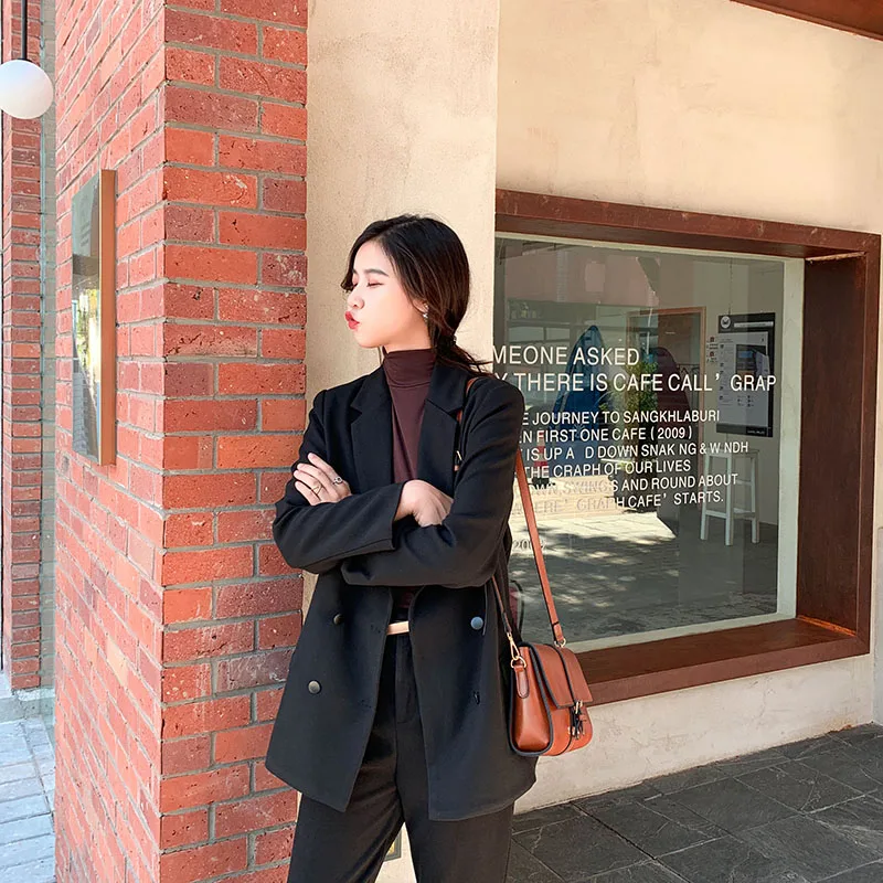 Elegant Double-breasted Women Blazer Notched Collar Work Style Female Suit Jacket Casual Brief Blazer Outerwear