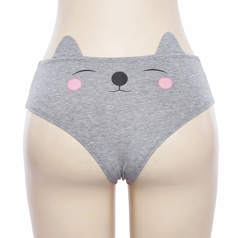 

Lovely Cartoon Expression Triangle Panties Women Low Waist Cotton Solid Color Small Ears Briefs Comfortable Breathable Lingerie