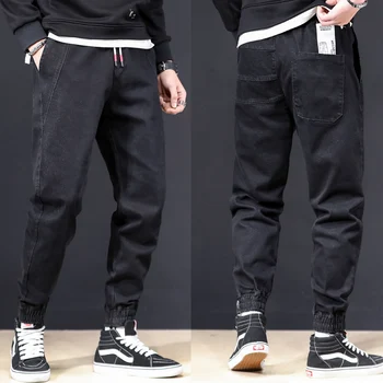 

Japanese Vintage Fashion Men Jeans Black Color Elastic Denim Cargo Pants Homme Streetwear Stretch Hip Hop Jeans Men Jogger Pants