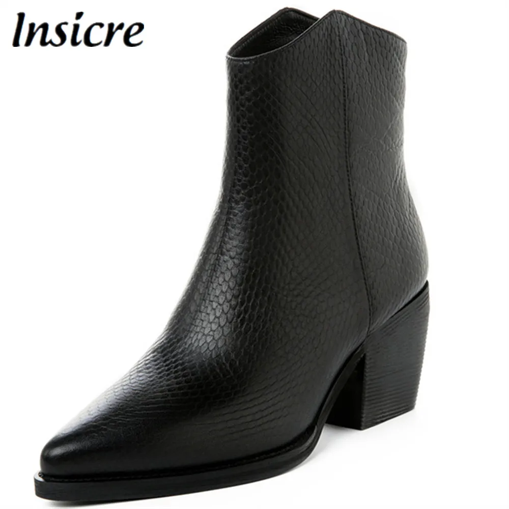 

Insicre Full Genuine Leather Women Ankle Boots Thick High Heels 7 cm Spring Zipper Pointed Toe Cow Leather Female Winter Shoes