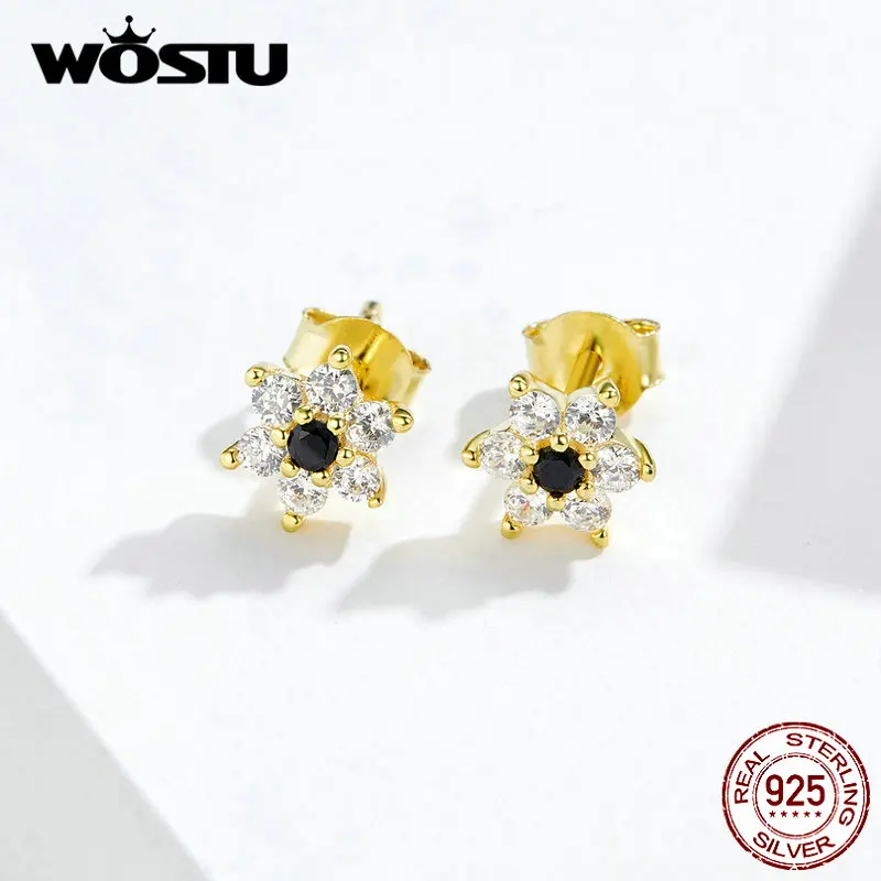 WOSTU Real 925 Sterling Silver Flower Delicate Stud Earrings For Women Wedding Zircon Small Earrings Luxury Jewelry DXE708