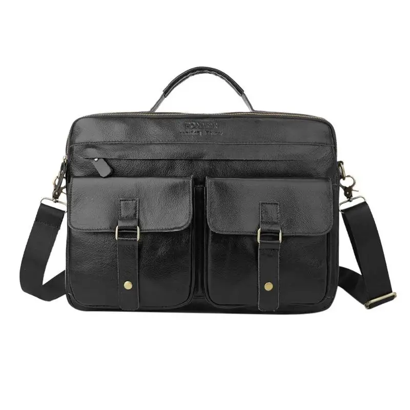 Мужской портфель из натуральной кожи, мужская сумка для ноутбука, мужской портфель из натуральной кожи на молнии, сумка через плечо, деловые сумки - Цвет: Black