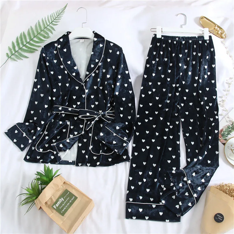Winter Women Pajamas Warm 2 Pieces Gold Velvet Pajamas Set Thickening Female Sleepwear Sexy Long Sleeve Printing Home Clothes