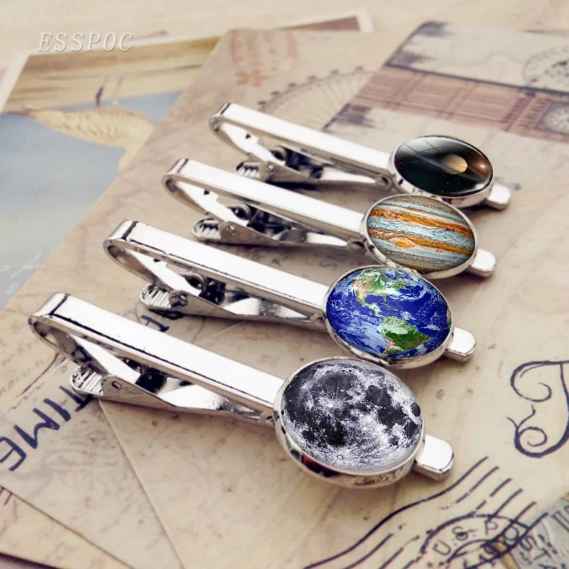 

Solar System Sun Earth Moon Mars Jupiter Planet Silver Metal Tie Clips Men Fashion Simple Necktie Tie Pin Bar Clasp Clip