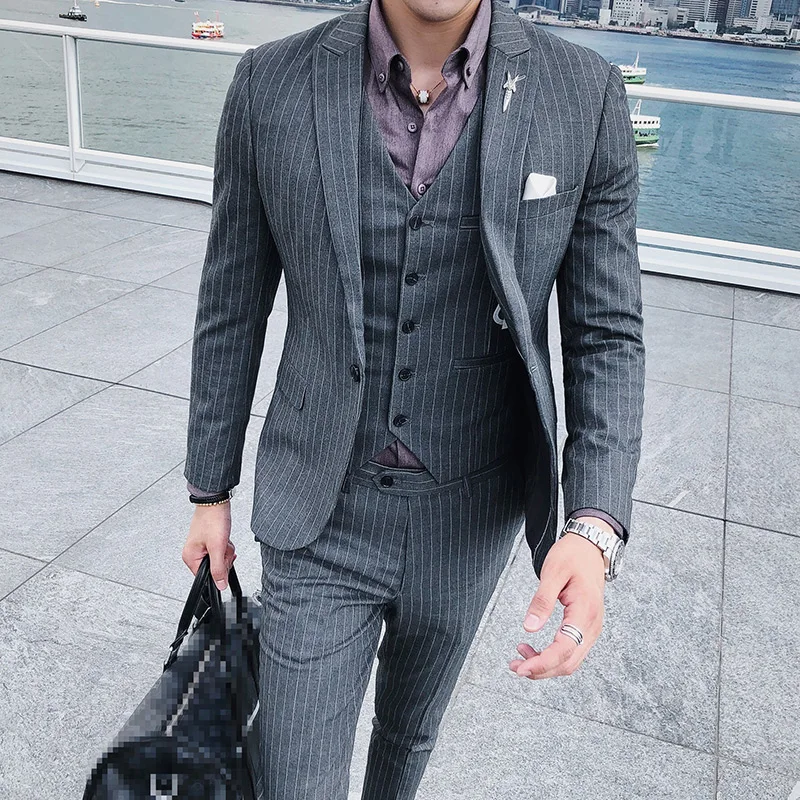 

2018 Stripe Mens Suits British Mens Business Suits High Quality Gentleman Dress Wedding 3 piece Suits Terno Masculino Slim Fit