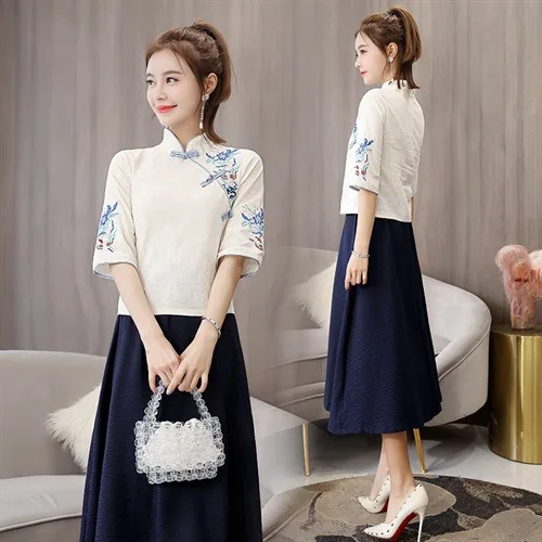 

Cotton Linen Dress Two-Piece Set WOMEN'S Dress 2019 Summer New Style Korean-style Retro China National Wind Dress Outfit Socks S